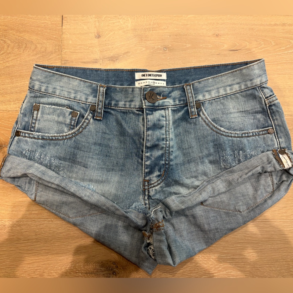 One Teaspoon Faded Blue Rolled Hem Denim Shorts
